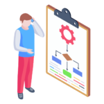 Plano ou Organograma: Um homem está em pé, olhando para um quadro de grandes dimensões com um diagrama organizacional ou plano de processos. No topo do quadro há um ícone de engrenagem, sugerindo o conceito de trabalho ou fluxo de processos. Setas apontam para diferentes caixas coloridas, representando a estrutura de um plano ou sistema. O homem está pensativo, com a mão no queixo, simbolizando análise ou planejamento estratégico.